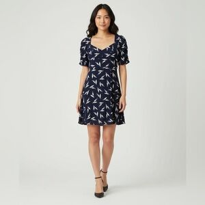 MAEVE Anthropology Brand Navy/White Fern Print Ruched Sleeves Flutter Mini Dress